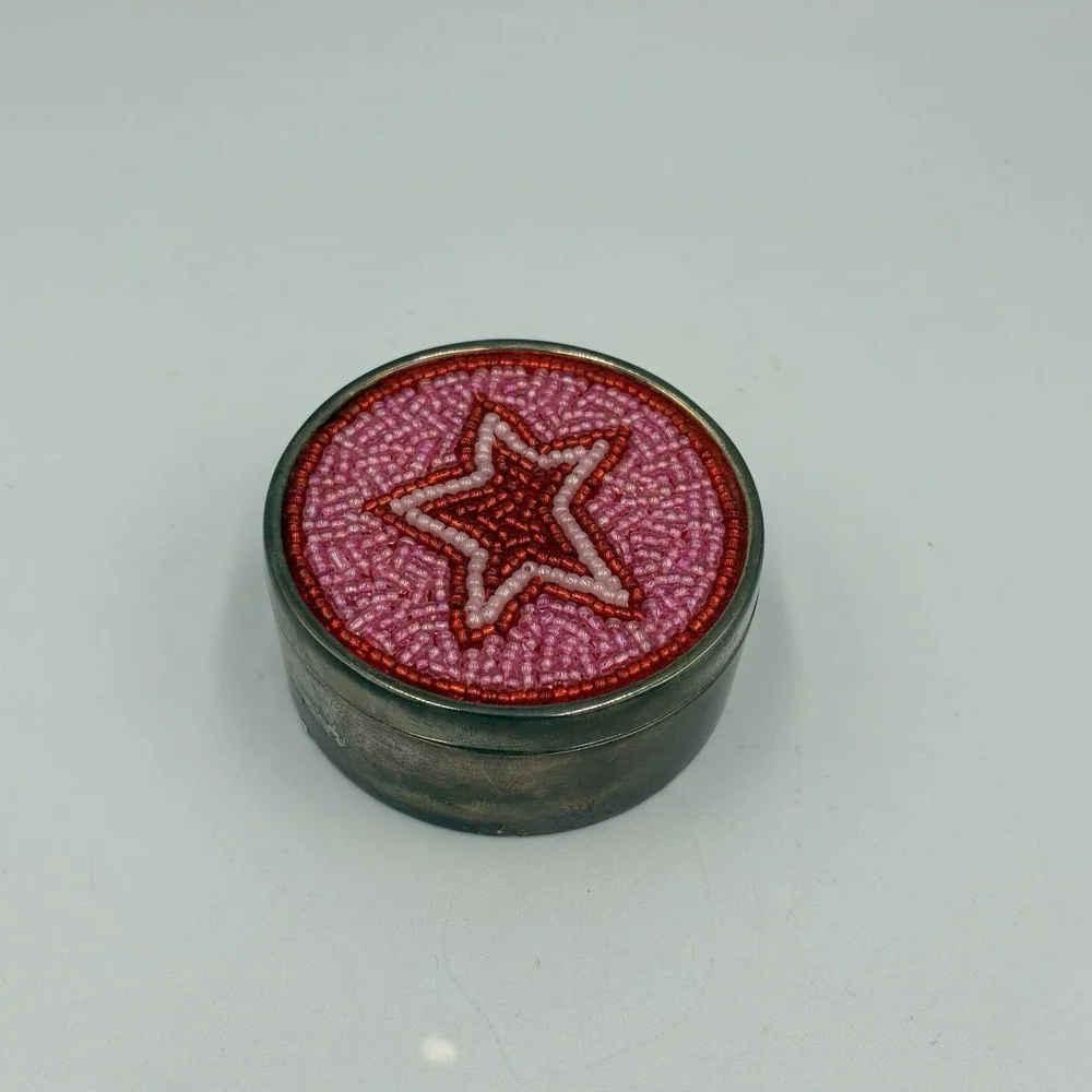 Vintage elissa‎ bloom Trinket Box, Mirror In Lid, Fabric Liner, Beadwork On Top